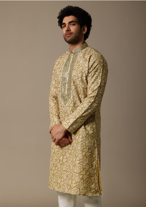 Yellow Mirror Work Silk Kurta Set For Men